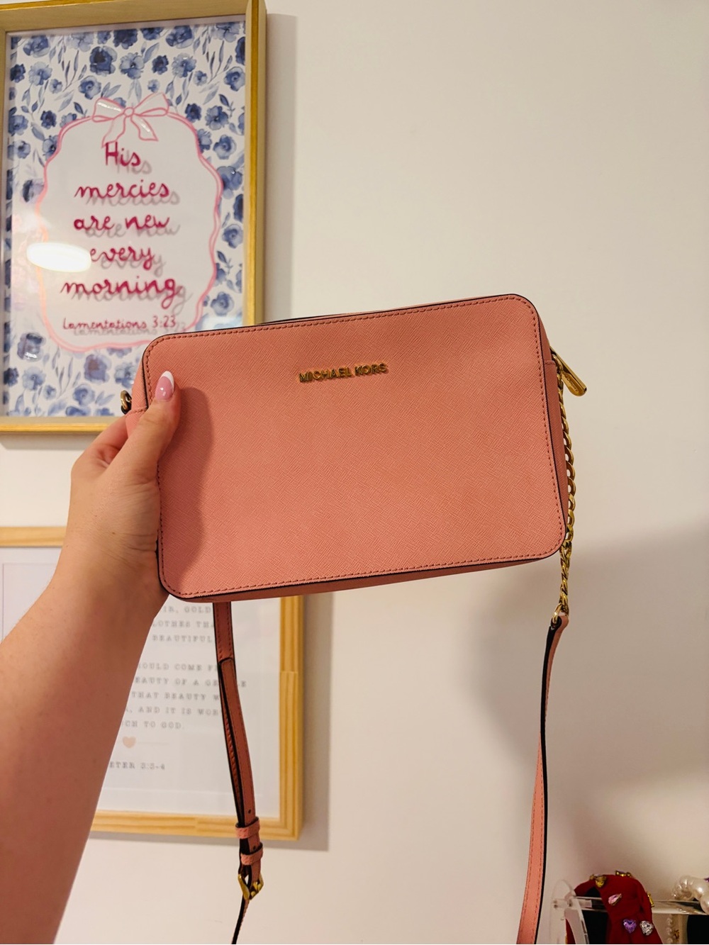 MK Dusty Pink Saffiano Crossbody Bag with Gold Hardware | Card Holder Included